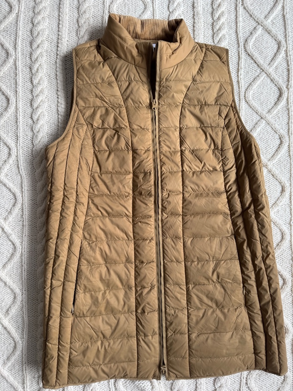 JJill Down Vest w/Corduroy, Size Small, Warm Tan (Camel) — long, covers butt